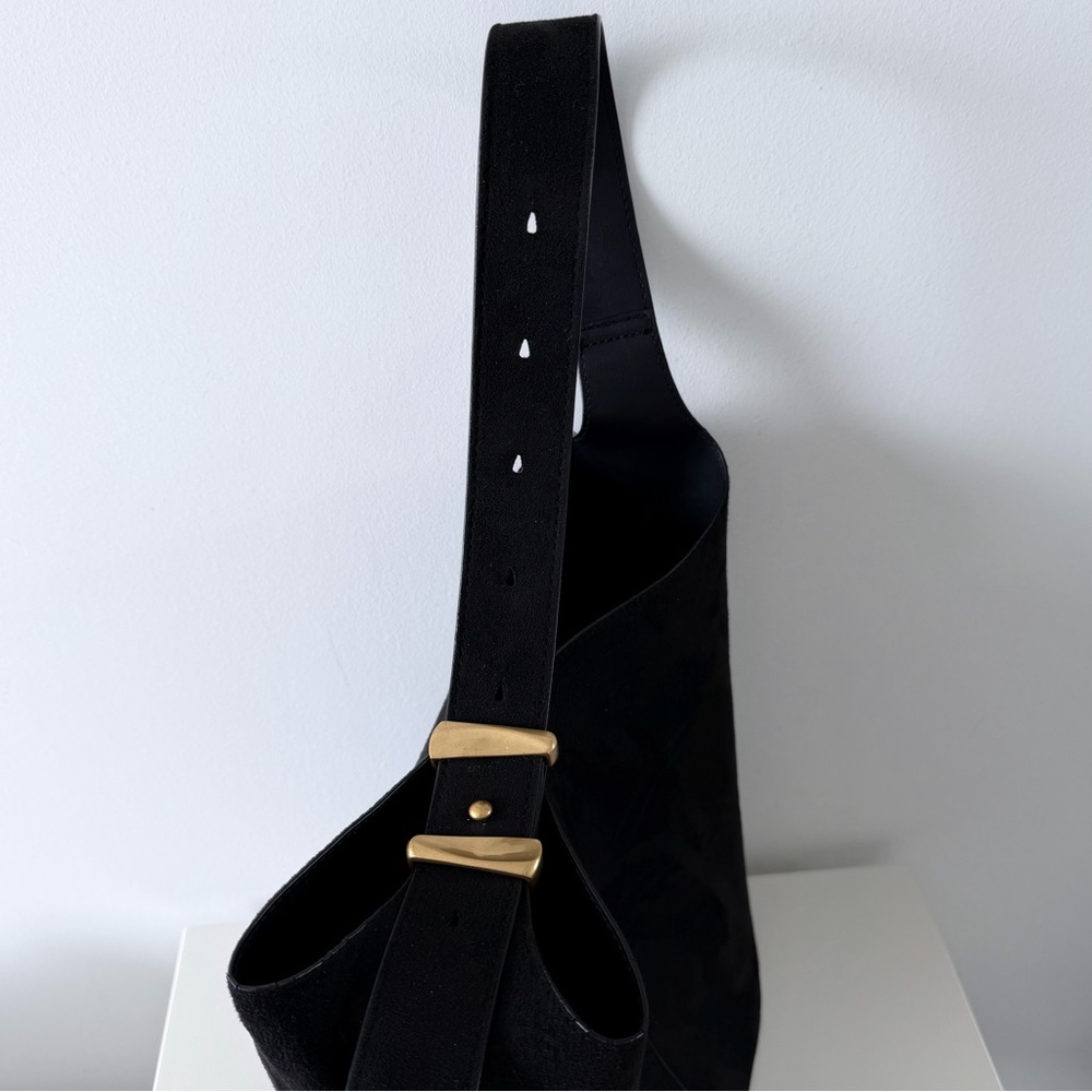 H&M Black Faux Suede Bucket Bag Gold Hardware Adjustable Strap - Picture 5 of 14